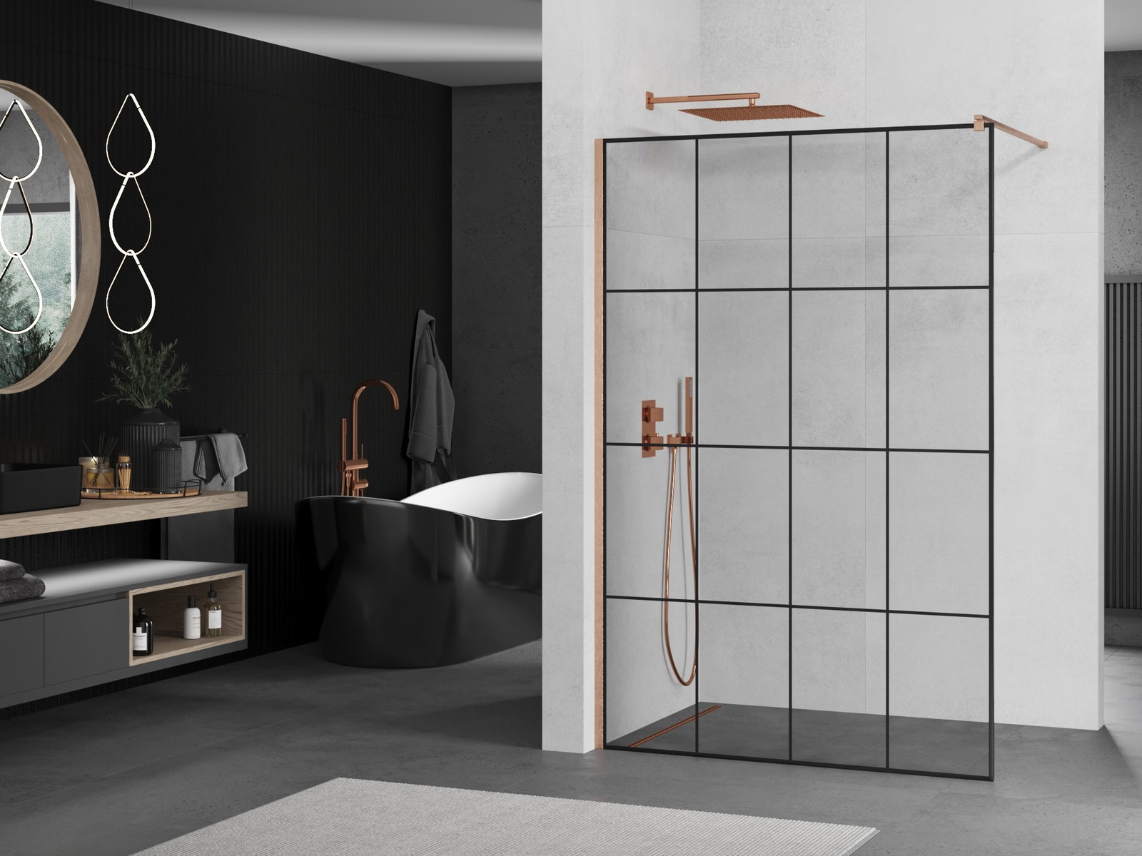 Mexen Kioto ścianka prysznicowa Walk-in 140 x 200 cm, czarna kratka 8 mm, miedź szczotkowana - 800-140-101-65-77